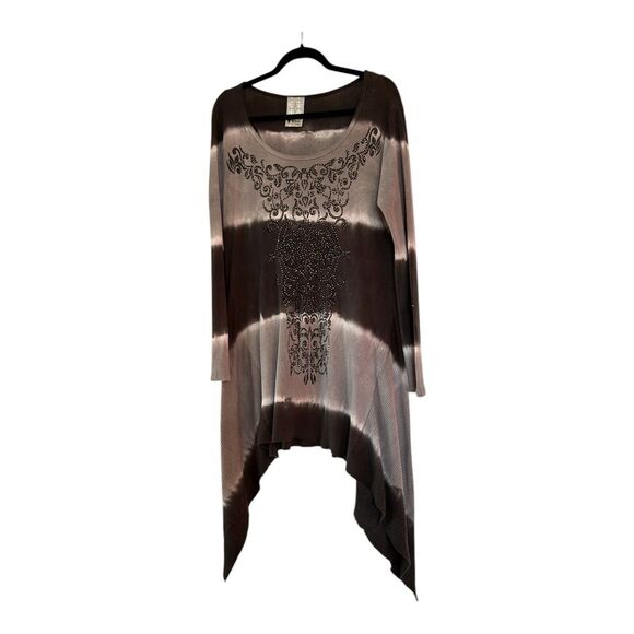 Vocal USA Size Small Long Sleeve Black Gray Striped Long Shirt Dress Rhinestones - Picture 4 of 9